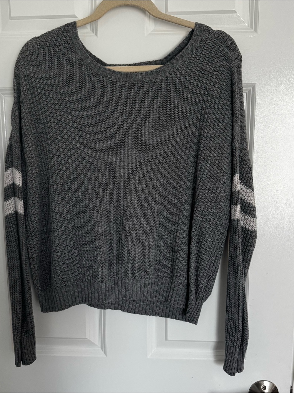 Women’s American Eagle Gray Crewneck Sweater with White Stripe Sleeves